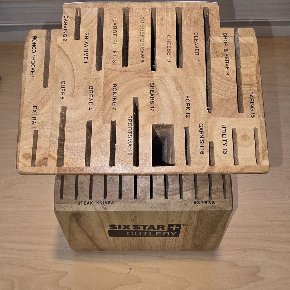 Ronco Six Star Knife Block 30 Slot Solid Wood Labeled Cutlery Storage Honey Oak